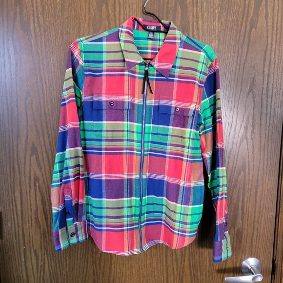 NWOT Chaps Ralph Lauren Plaid Zip Up Shacket Top Bold Colored Plaid Size Medium - Picture 9 of 16